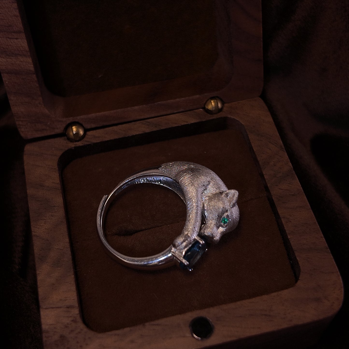 Natural Topaz Open Ring S925 Pure Silver Blue Stereoscopic Leopard Green Eyes Personalized Design Palace Retro