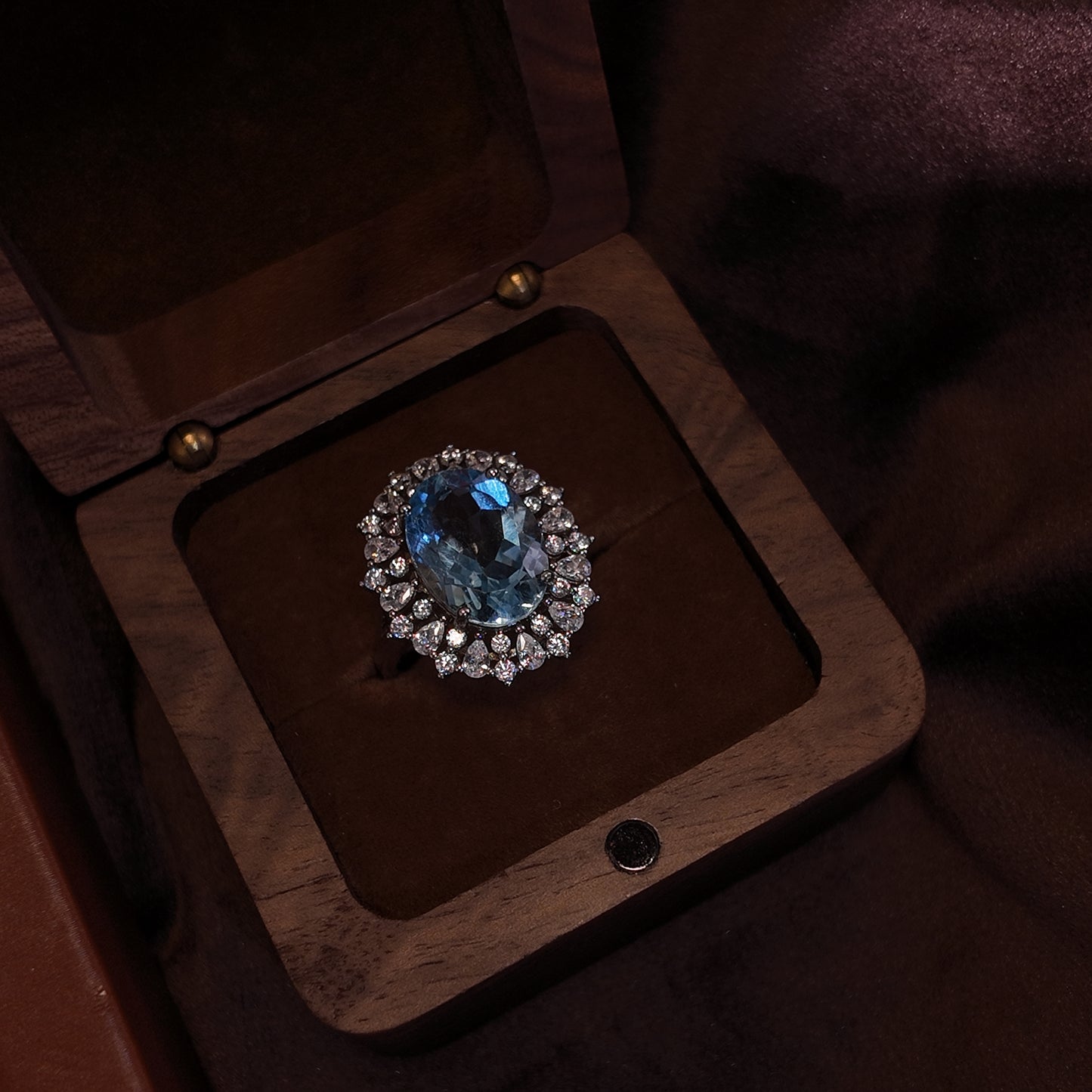 Natural Topaz Open Ring S925 Pure Silver Light Blue Oval Three Dimensional Noble Design Palace Retro