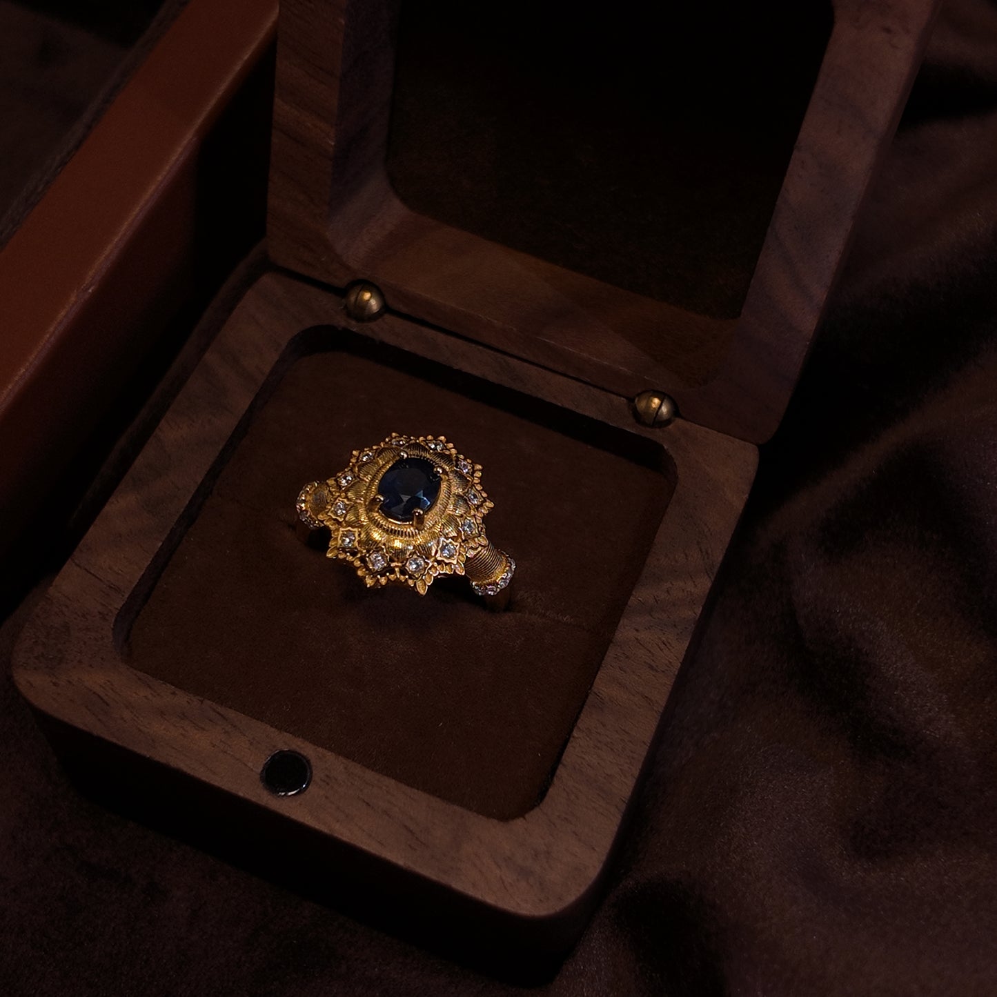 Natural Sapphire Open End Ring S925 Pure Silver Blue Yellow Gold Plated Design Flower Shaped Edge Noble Design Palace Retro