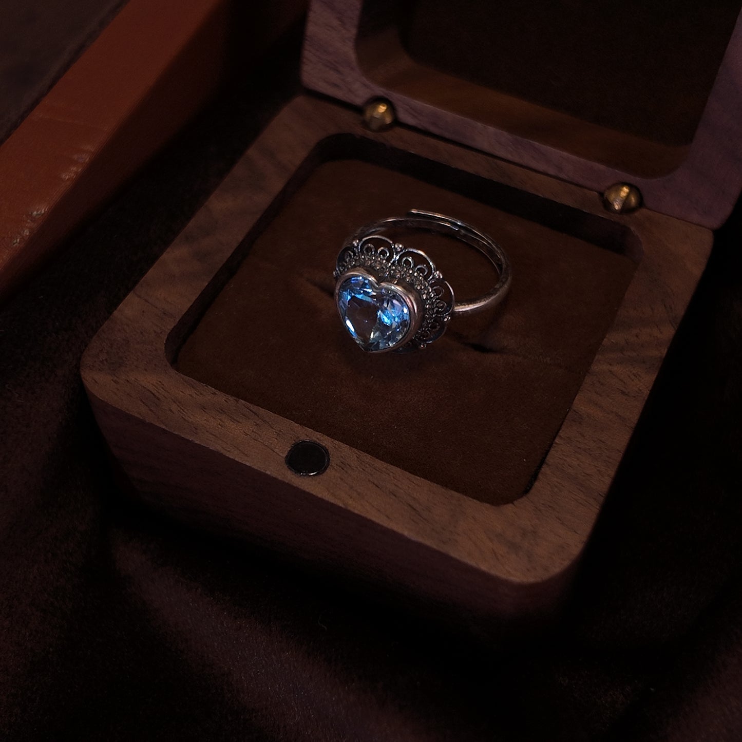 Natural Topaz Open Ring S925 Pure Silver Blue Heart Hollow Lace Palace Vintage
