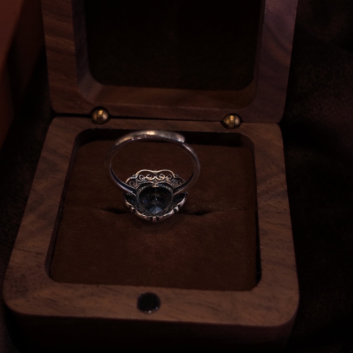 Natural Topaz Open Ring S925 Pure Silver Blue Heart Hollow Lace Palace Vintage