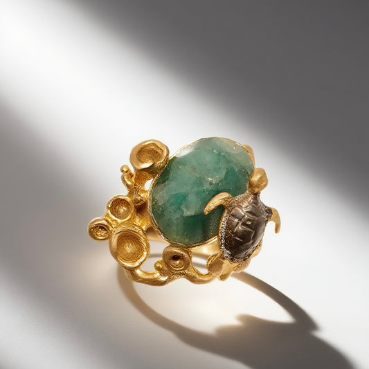 Vintage British 1960s Natural Stone Brass Open Ring with Turtle Three Dimensional Pattern Palace Vintage Style