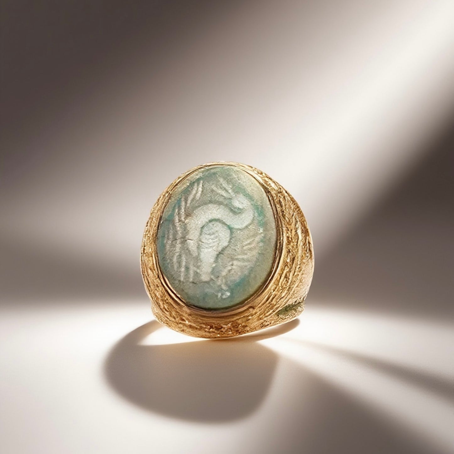 Vintage British 1960s Natural Turquoise Brass Ring Swan Carving Palace Vintage Style
