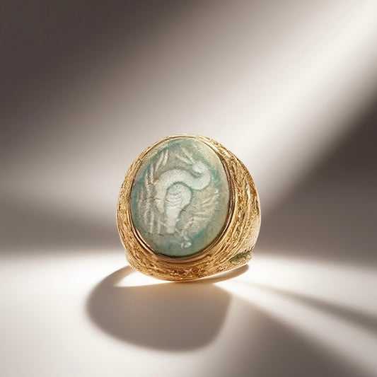 Vintage British 1960s Natural Turquoise Brass Ring Swan Carving Palace Vintage Style