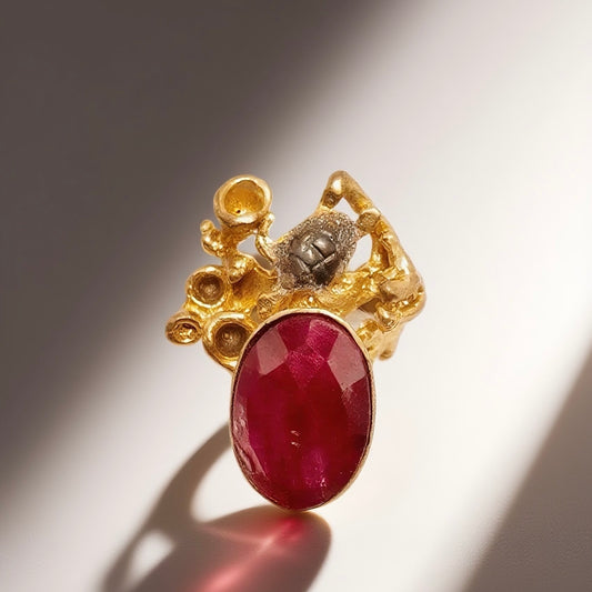 Vintage British 1960s Red Natural Stone Brass Open Ring Turtle Three Dimensional Surrounding Palace Vintage Style