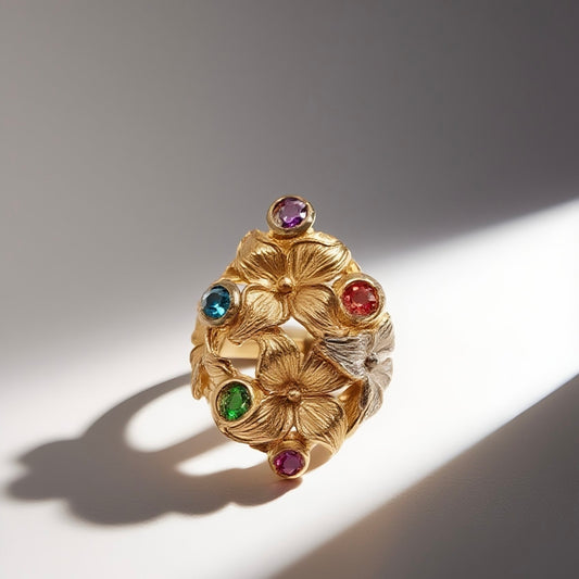 Vintage British 1950s brass open ring with red blue green purple rhinestone flower pattern court retro style