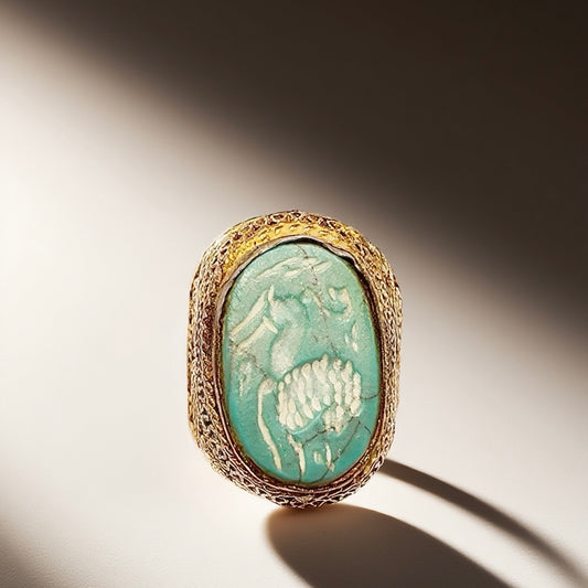 Vintage British 1960s Green Natural Stone Brass Ring Pattern Carving Palace Vintage Style