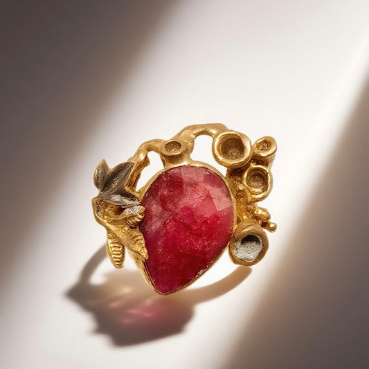 Vintage British 1960s red natural stone brass open ring with three-dimensional relief court retro style