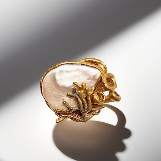 Vintage British 1960s Baroque Pearl Brass Open Ring with Three Dimensional Hollow Pattern Palace Vintage Style