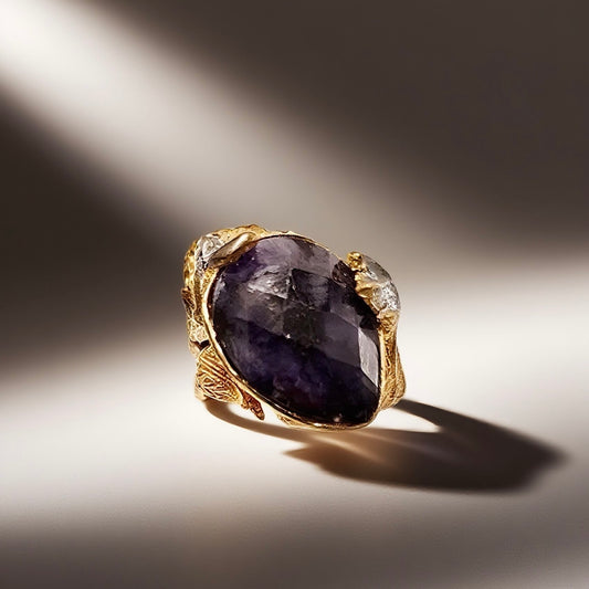 Vintage British 1960s natural stone brass ring with oval shaped three-dimensional tulips surrounding the palace retro style