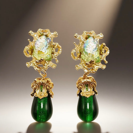 Gavilane the King of Retro Green Chapalli Glass Water Drop Shoulder Sweep Eardrops Ear Clip Palace Retro
