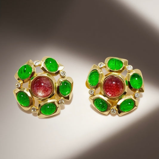 Red and green two-color glass splicing flower ear clip, palace retro romantic retro