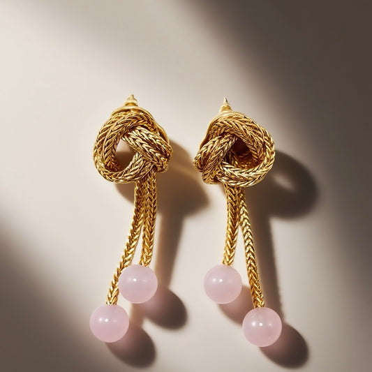 Vintage woven sweeping shoulder hanging design earrings pink natural jade court retro style