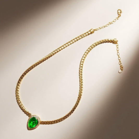 Vintage snake bone necklace with green cloud patterned glass extension chain design court retro