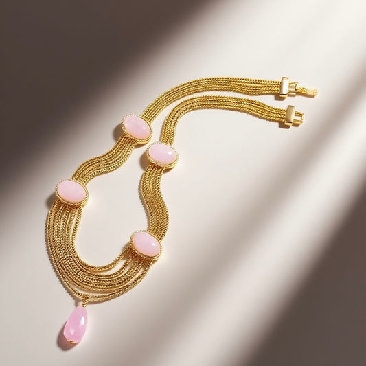 Vintage Weaving Heavy Industry Three layer Pendant Necklace Pink Natural Jade Palace Vintage Style