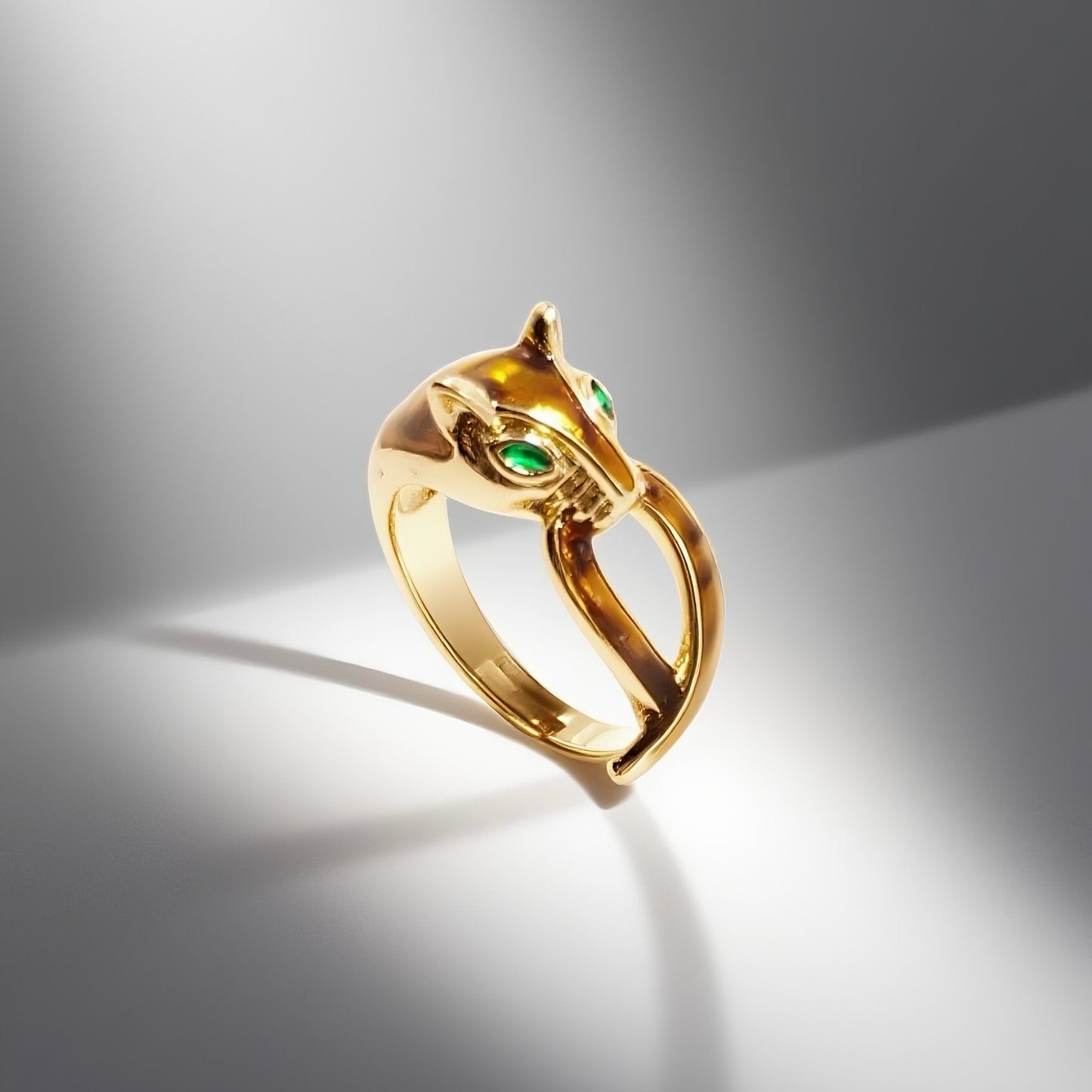 Leopard Open Ring Green Glass Eyes Enamel Court Retro Style