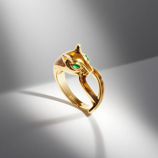 Leopard Open Ring Green Glass Eyes Enamel Court Retro Style