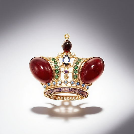 Red glazed colored diamond inlaid crown brooch with a palace retro style
