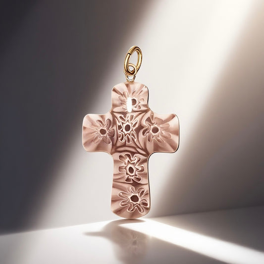 Vintage Italian 1960s Cross Pendant with Pink Purple Mosaic Pattern and Palace Vintage Style