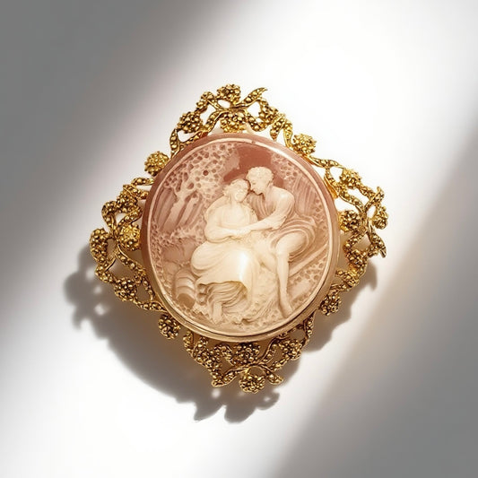 Vintage Italian 1950s Camelot figure relief brooch falls through lace design court retro style
