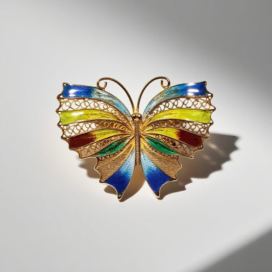Vintage French 1950s Butterfly Enamel Brooch with Peacock Blue Green Splicing Failed Design Palace Retro Style