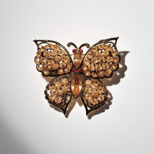 Vintage French 70s butterfly rhinestone orange red diamond studded brooch failed design court retro style