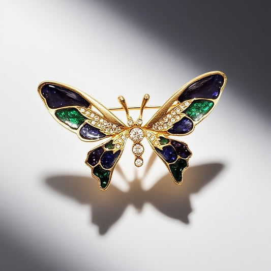 Vintage French 60s butterfly enamel brooch with blue and green patchwork and diamond inlay featuring a vintage court style