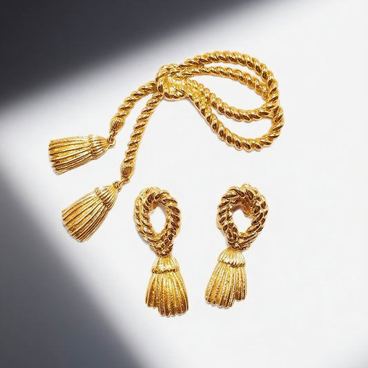 Vintage 90s American knot tassel gold-plated brooch ear clip set court retro style
