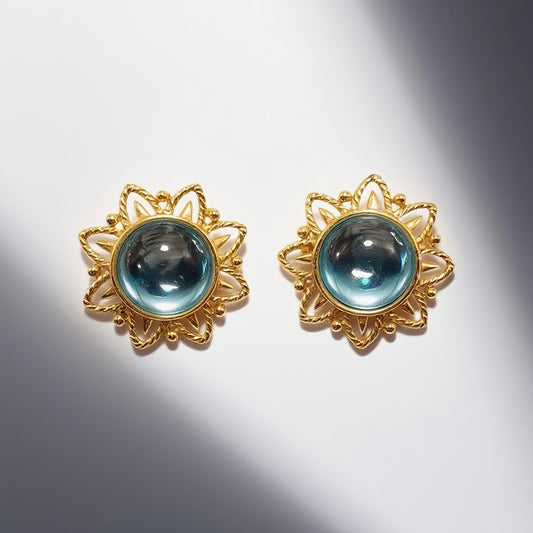 Vintage French 70s Sunflower shaped Ear Clip Trifari Label Blue Glass Palace Vintage Style
