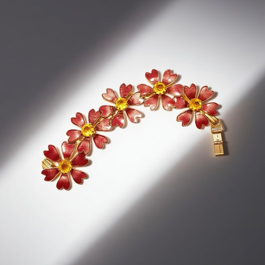 Vintage British 70s Pink Enamel Bracelet with Flower Set Diamond Three Dimensional Splicing Palace Vintage Style