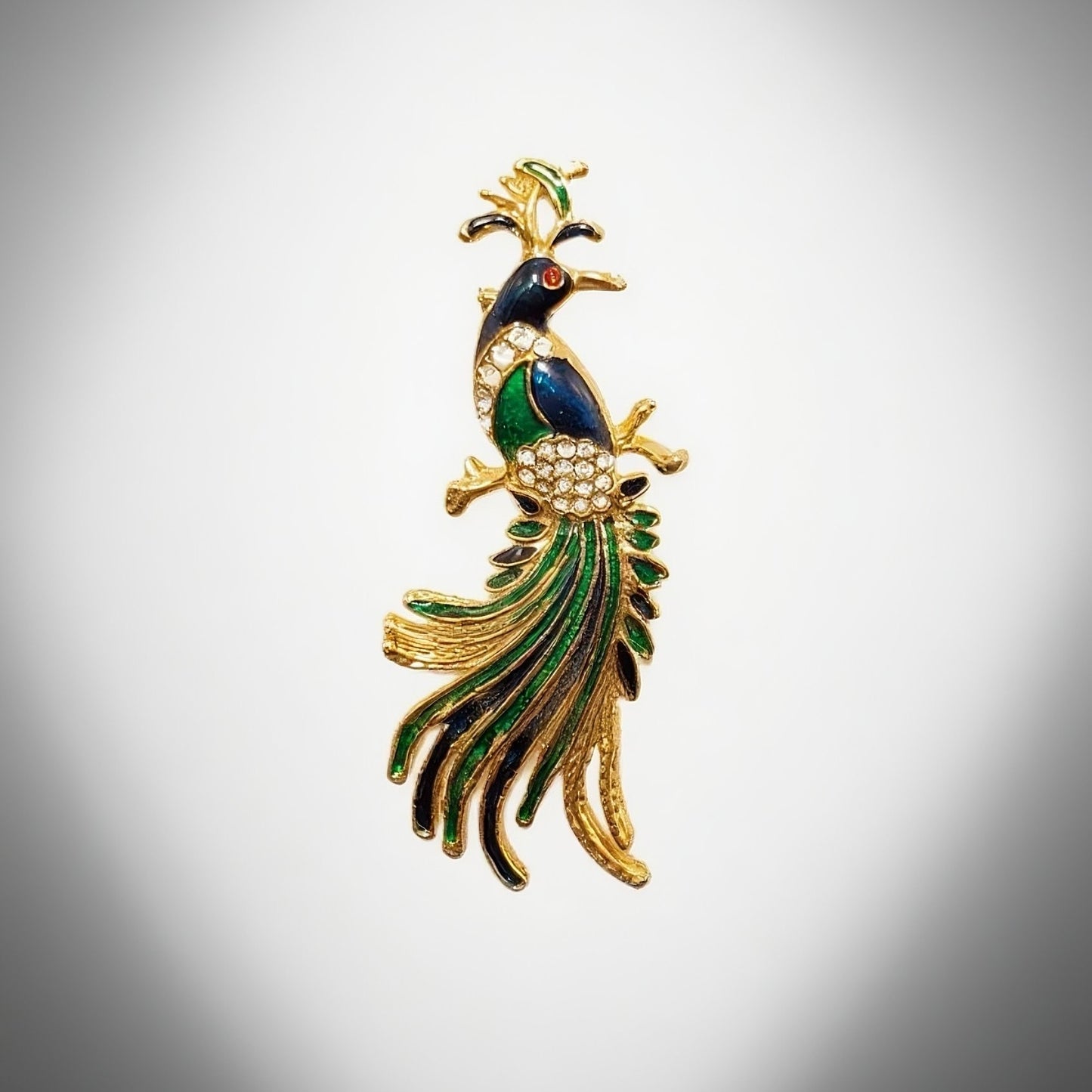 Vintage French 70s Blue Green Peacock Enamel Brooch Red White Rhinestone with Diamonds Palace Vintage Style